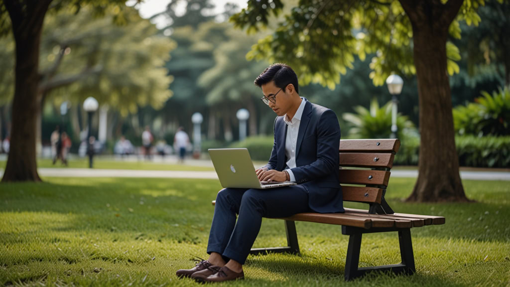 usahawan sedang online di taman untuk buat bisnes part time
