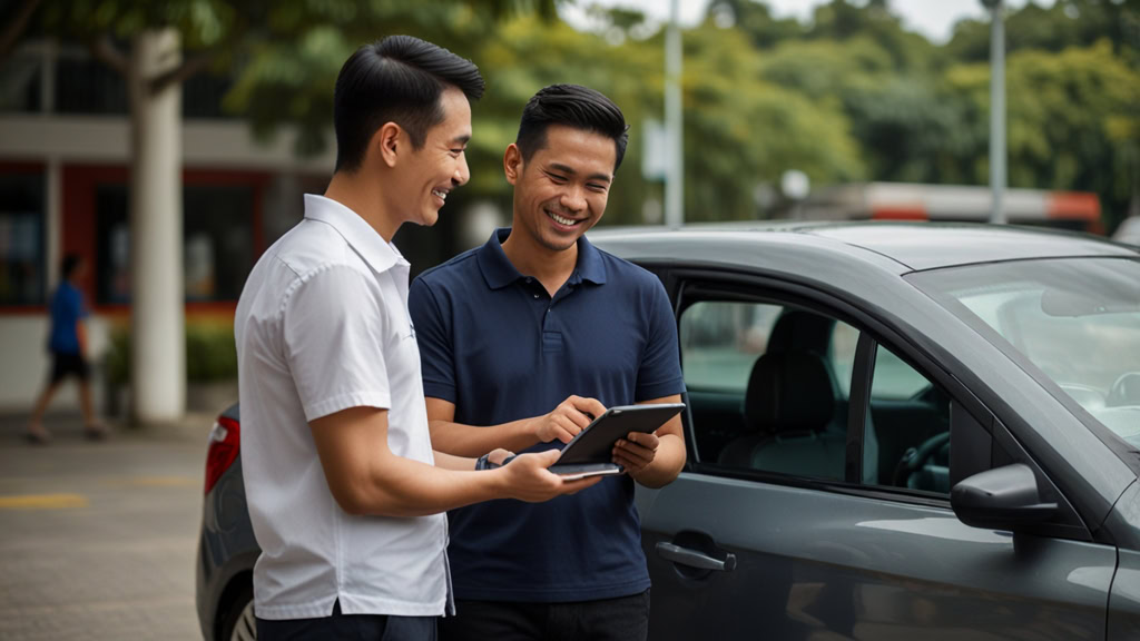penyewa sedang berbincang dengan pelanggan untuk bisnes kereta sewa