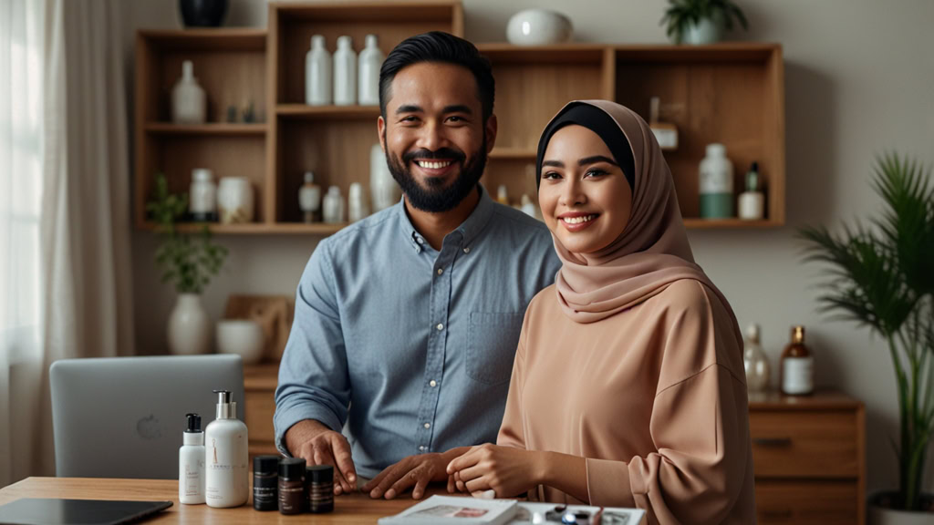 usahawan di hadapan produknya untuk bisnes modal 1K