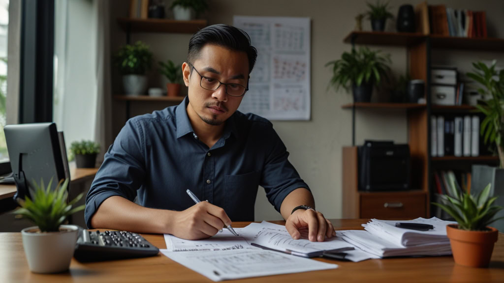 usahwan sedang melihat dokumen bisnes kecil