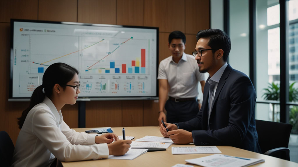 usahawan sedang membuat pembentangan keuntungan bersih bisnesnya