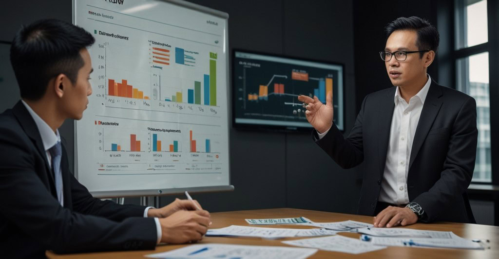 usahawan sedang membuat pembentangan penyata aliran tunai syarikatnya