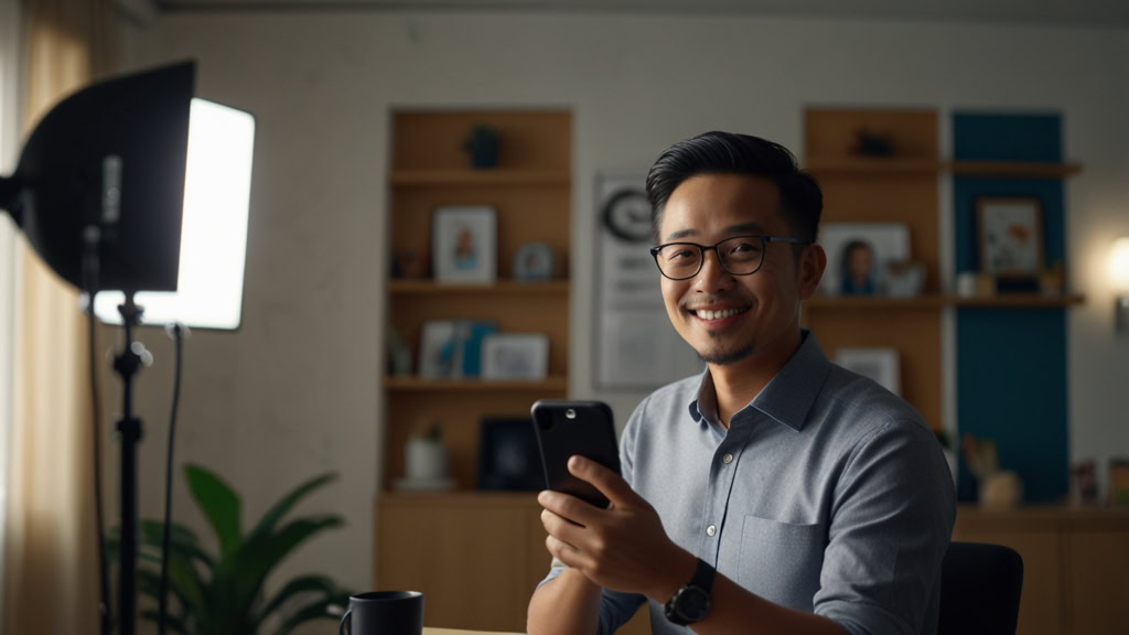 usahawan sedang merekod video untuk aplikasikan teknik pemasaran percuma