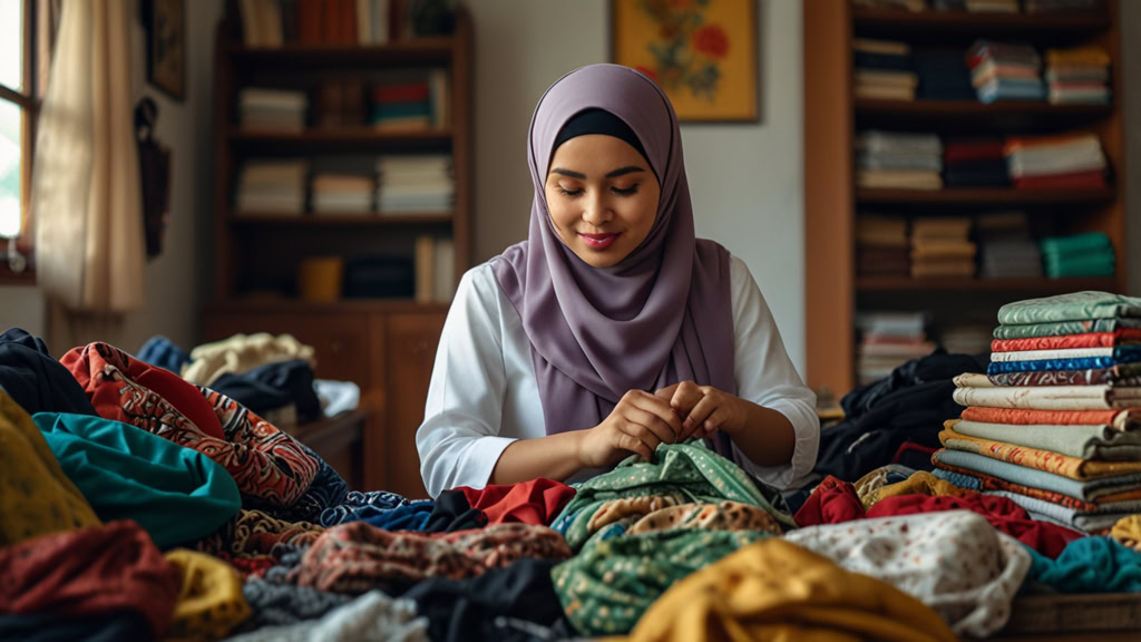 usahawan wanita sedang melipat baju bundle