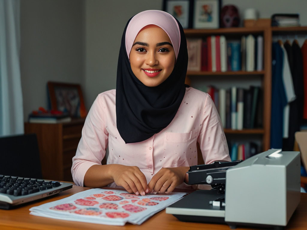 usahawan wanita sedang membuat sticker custom untuk bisnes custom printing